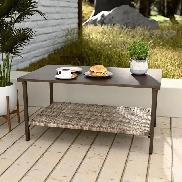 Main image of Coastal Vista Outdoor Table with Wicker Shelf for Garden, Patio, Poolside and Porch, Rectangular, Wood Grain Top