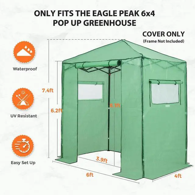 Alt view image 3 of 6 - Replacement Cover for 6x4 Portable Walk-in Pop up Greenhouse, Front Roll-Up Zipper Entry Door and 2 Roll-Up Side Windows (Frame Not Included), Green