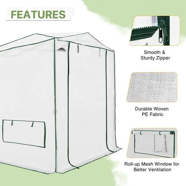 Alt view image 2 of 7 - Woven Replacement Cover for 8x6 Portable Walk-in Pop up Greenhouse, Front and Rear Roll-Up Zipper Entry Doors and 4 Roll-Up Side Windows (Frame Not Included), White