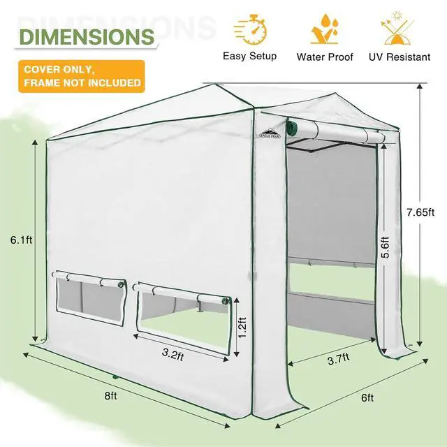 Alt view image 3 of 7 - Woven Replacement Cover for 8x6 Portable Walk-in Pop up Greenhouse, Front and Rear Roll-Up Zipper Entry Doors and 4 Roll-Up Side Windows (Frame Not Included), White