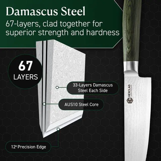 Alt view image 5 of 6 - HexClad Green 7 Piece Japanese Damascus Stainless Steel Blade Essential Knife Set with Magnetic Knife Block, Full Tang Construction, Pakkawood Handle