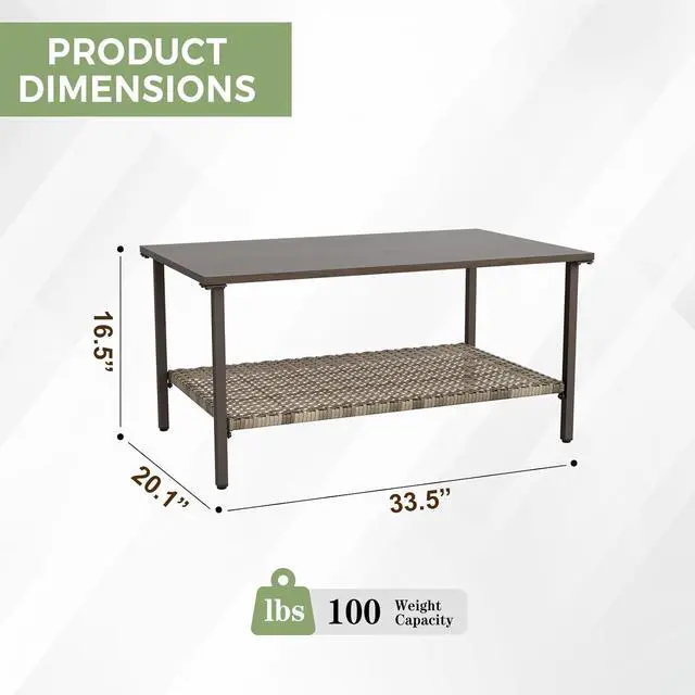 Alt view image 2 of 7 - Coastal Vista Outdoor Table with Wicker Shelf for Garden, Patio, Poolside and Porch, Rectangular, Wood Grain Top