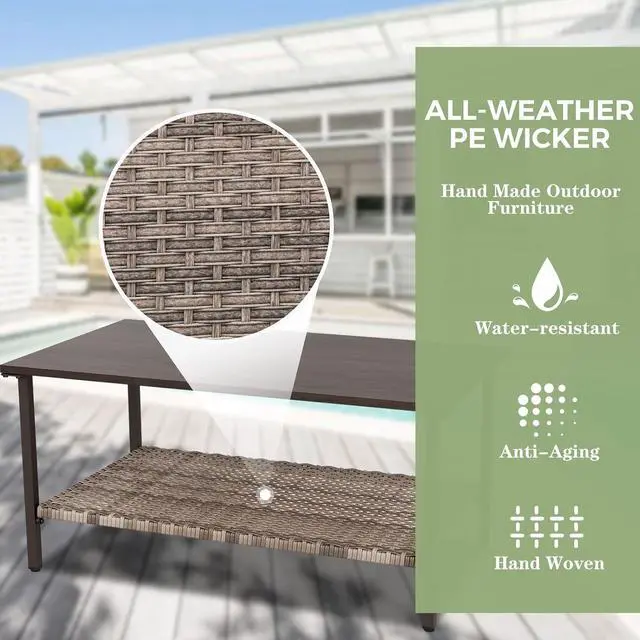 Alt view image 3 of 7 - Coastal Vista Outdoor Table with Wicker Shelf for Garden, Patio, Poolside and Porch, Rectangular, Wood Grain Top