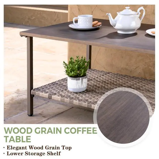 Alt view image 4 of 7 - Coastal Vista Outdoor Table with Wicker Shelf for Garden, Patio, Poolside and Porch, Rectangular, Wood Grain Top