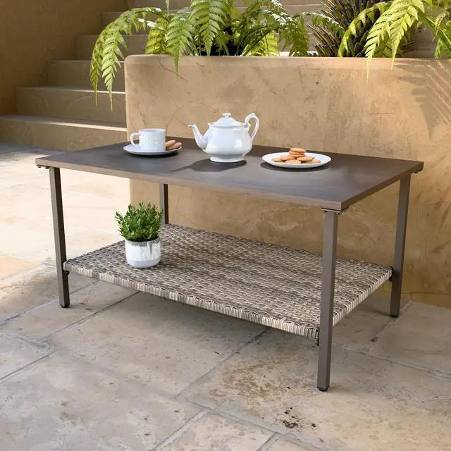 Alt view image 5 of 7 - Coastal Vista Outdoor Table with Wicker Shelf for Garden, Patio, Poolside and Porch, Rectangular, Wood Grain Top