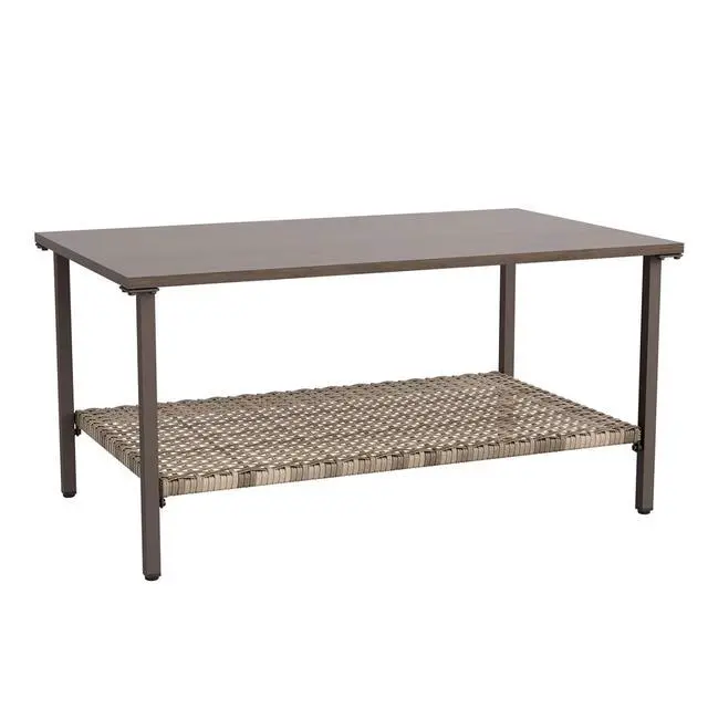 Alt view image 7 of 7 - Coastal Vista Outdoor Table with Wicker Shelf for Garden, Patio, Poolside and Porch, Rectangular, Wood Grain Top