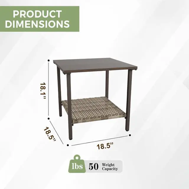 Alt view image 2 of 7 - Coastal Vista Outdoor Table with Wicker Shelf for Garden, Patio, Poolside and Porch, Square, Wood Grain Top
