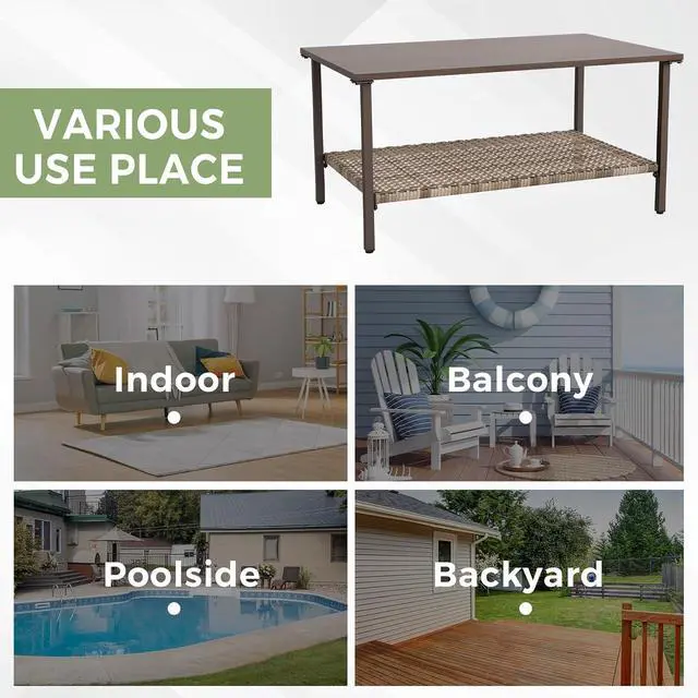 Alt view image 6 of 7 - Coastal Vista Outdoor Table with Wicker Shelf for Garden, Patio, Poolside and Porch, Rectangular, Wood Grain Top