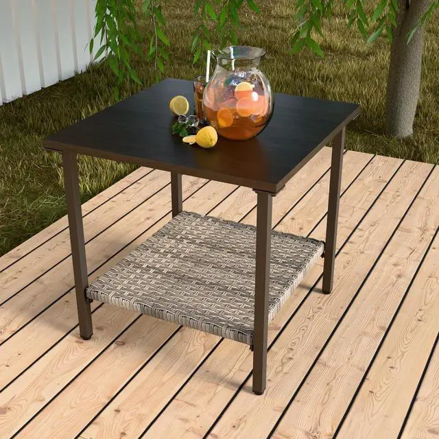 Main image of Coastal Vista Outdoor Table with Wicker Shelf for Garden, Patio, Poolside and Porch, Square, Wood Grain Top