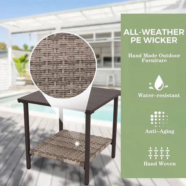 Alt view image 4 of 7 - Coastal Vista Outdoor Table with Wicker Shelf for Garden, Patio, Poolside and Porch, Square, Wood Grain Top