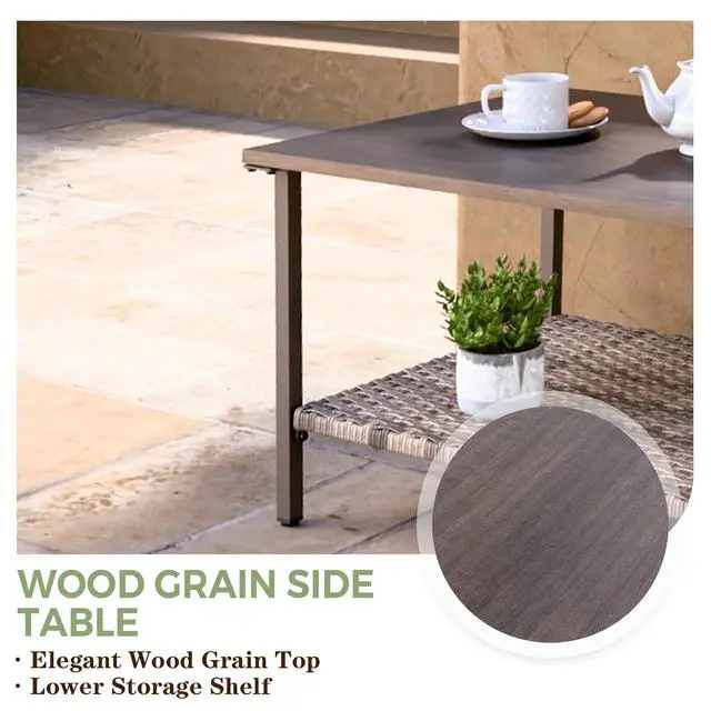 Alt view image 3 of 7 - Coastal Vista Outdoor Table with Wicker Shelf for Garden, Patio, Poolside and Porch, Square, Wood Grain Top