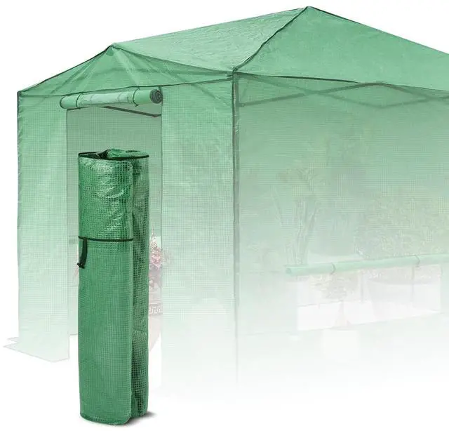 Main image of Replacement Cover for 12x8 Portable Walk-in Pop up Greenhouse, Front and Rear Roll-Up Zipper Entry Doors and 4 Large Roll-Up Side Windows (Frame Not Included), Green