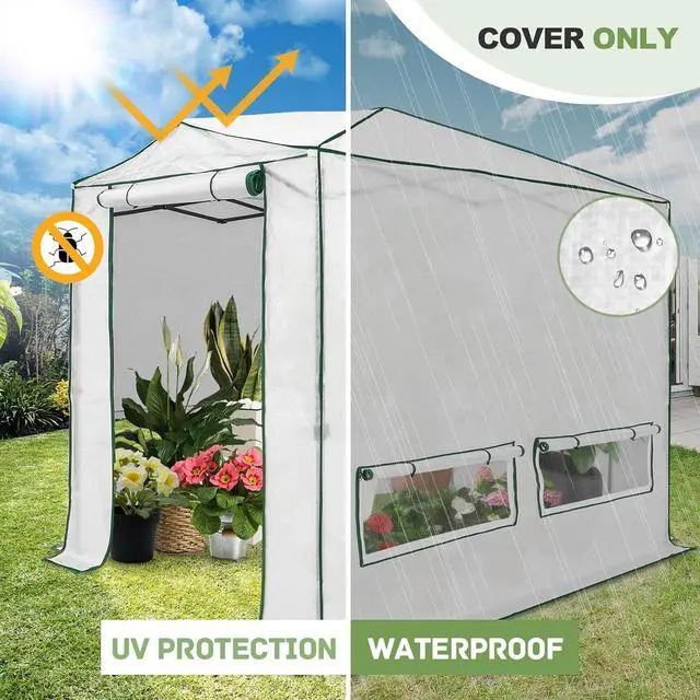 Alt view image 7 of 7 - Woven Replacement Cover for 8x6 Portable Walk-in Pop up Greenhouse, Front and Rear Roll-Up Zipper Entry Doors and 4 Roll-Up Side Windows (Frame Not Included), White