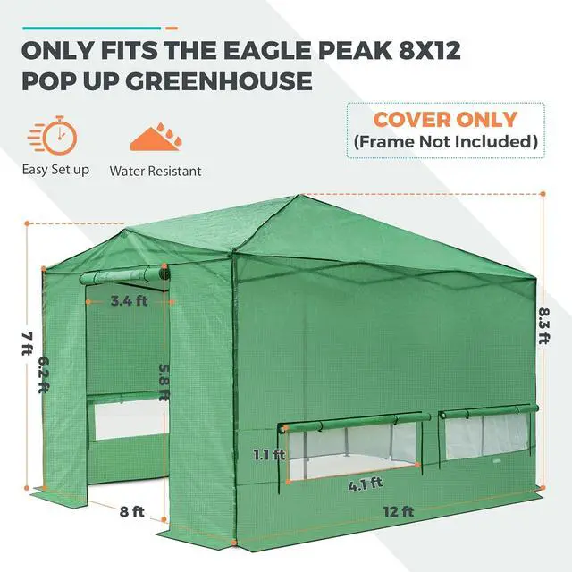 Alt view image 4 of 7 - Replacement Cover for 12x8 Portable Walk-in Pop up Greenhouse, Front and Rear Roll-Up Zipper Entry Doors and 4 Large Roll-Up Side Windows (Frame Not Included), Green
