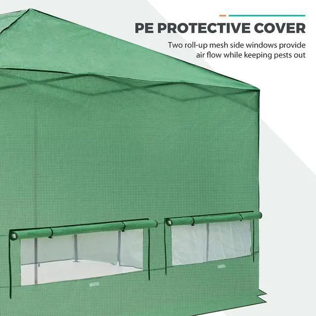Alt view image 5 of 7 - Replacement Cover for 12x8 Portable Walk-in Pop up Greenhouse, Front and Rear Roll-Up Zipper Entry Doors and 4 Large Roll-Up Side Windows (Frame Not Included), Green