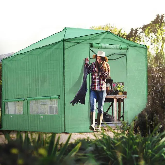 Alt view image 6 of 7 - Replacement Cover for 12x8 Portable Walk-in Pop up Greenhouse, Front and Rear Roll-Up Zipper Entry Doors and 4 Large Roll-Up Side Windows (Frame Not Included), Green