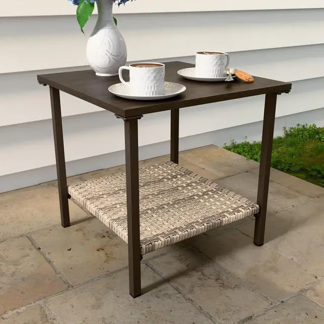 Alt view image 5 of 7 - Coastal Vista Outdoor Table with Wicker Shelf for Garden, Patio, Poolside and Porch, Square, Wood Grain Top