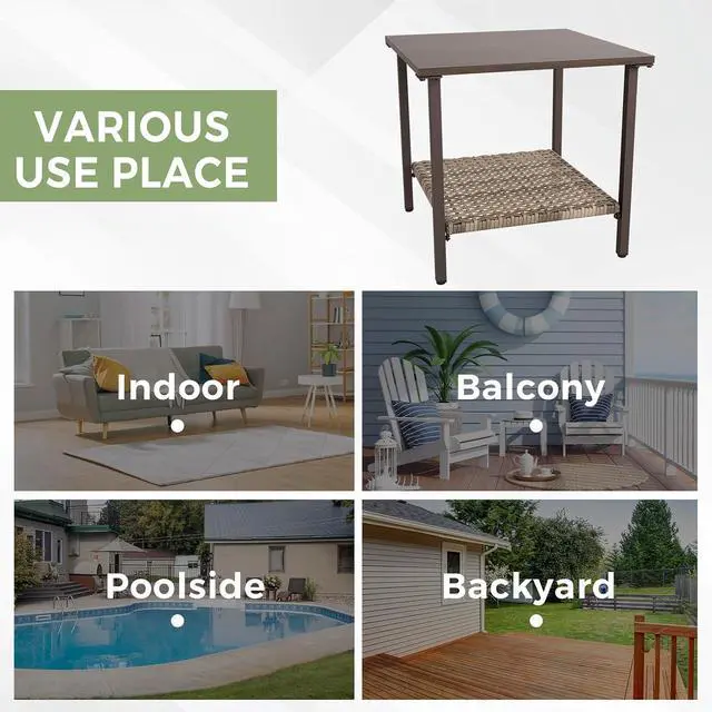 Alt view image 6 of 7 - Coastal Vista Outdoor Table with Wicker Shelf for Garden, Patio, Poolside and Porch, Square, Wood Grain Top