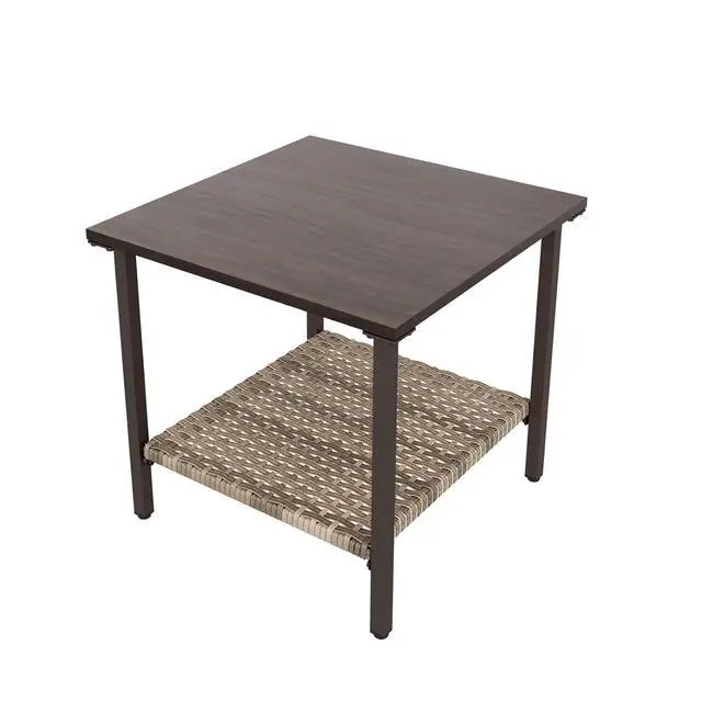 Alt view image 7 of 7 - Coastal Vista Outdoor Table with Wicker Shelf for Garden, Patio, Poolside and Porch, Square, Wood Grain Top