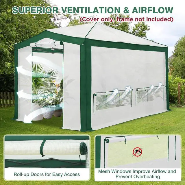 Alt view image 2 of 7 - Replacement Cover for 12x8 Pop up Greenhouse with Polyester Reinforced Corners, Front and Rear Roll-Up Zipper Entry Doors and 4 Roll-Up Side Windows (Frame Not Included), Green/White