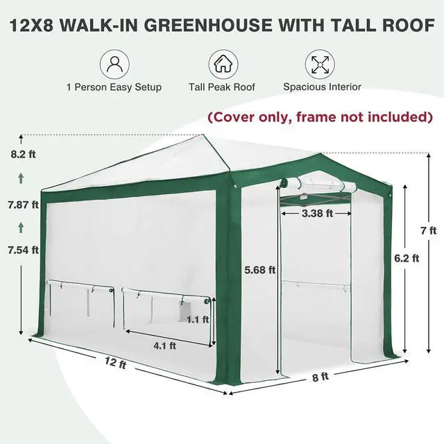 Alt view image 3 of 7 - Replacement Cover for 12x8 Pop up Greenhouse with Polyester Reinforced Corners, Front and Rear Roll-Up Zipper Entry Doors and 4 Roll-Up Side Windows (Frame Not Included), Green/White
