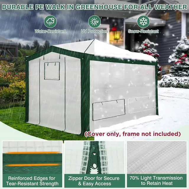 Alt view image 4 of 7 - Replacement Cover for 12x8 Pop up Greenhouse with Polyester Reinforced Corners, Front and Rear Roll-Up Zipper Entry Doors and 4 Roll-Up Side Windows (Frame Not Included), Green/White