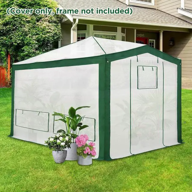 Alt view image 7 of 7 - Replacement Cover for 12x8 Pop up Greenhouse with Polyester Reinforced Corners, Front and Rear Roll-Up Zipper Entry Doors and 4 Roll-Up Side Windows (Frame Not Included), Green/White