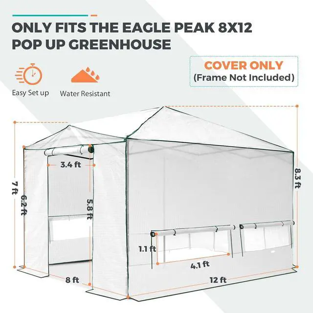 Alt view image 3 of 7 - Replacement Cover for 12x8 Portable Walk-in Pop up Greenhouse, Front and Rear Roll-Up Zipper Entry Doors and 4 Large Roll-Up Side Windows (Frame Not Included), White