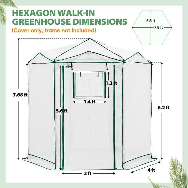 Alt view image 3 of 7 - Replacement Cover for 6.6x6.6 ft Hexagon Pop up Greenhouse, Front and Rear Roll-Up Zipper Entry Doors and 2 Roll-Up Side Windows (Frame Not Included), White