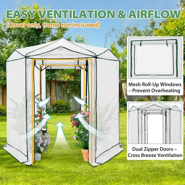Alt view image 2 of 7 - Replacement Cover for 6.6x6.6 ft Hexagon Pop up Greenhouse, Front and Rear Roll-Up Zipper Entry Doors and 2 Roll-Up Side Windows (Frame Not Included), White