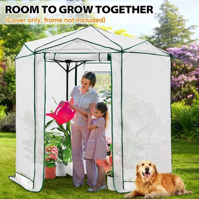 Alt view image 5 of 7 - Replacement Cover for 6.6x6.6 ft Hexagon Pop up Greenhouse, Front and Rear Roll-Up Zipper Entry Doors and 2 Roll-Up Side Windows (Frame Not Included), White
