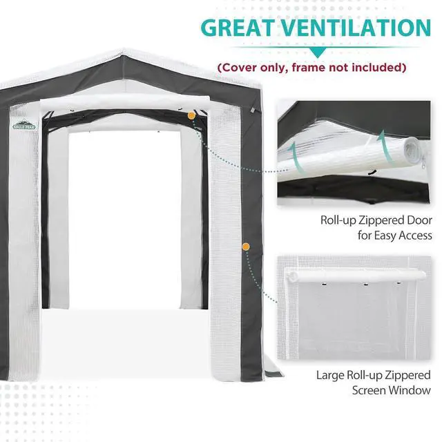 Alt view image 2 of 7 - Replacement Cover for 8x6 Pop up Greenhouse with Polyester Reinforced Corners, Front and Rear Roll-Up Zipper Entry Doors and 2 Roll-Up Side Windows (Frame Not Included), Gray/White