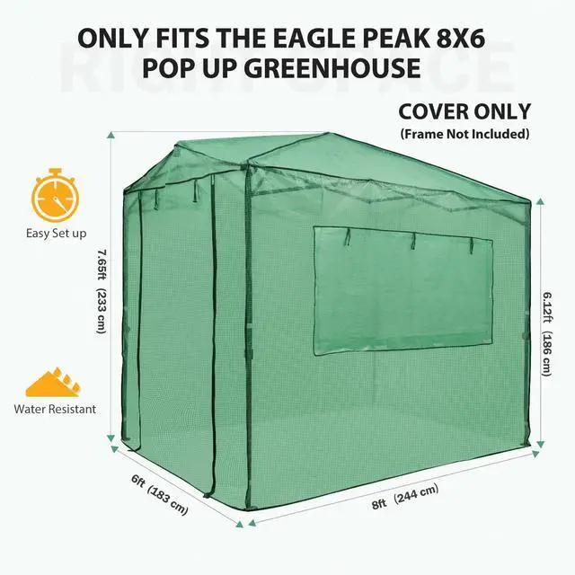 Alt view image 3 of 7 - Replacement Cover for 8x6 Portable Walk-in Pop up Greenhouse, Front and Rear Roll-Up Zipper Entry Doors and 2 Large Roll-Up Side Windows (Frame Not Included), Green