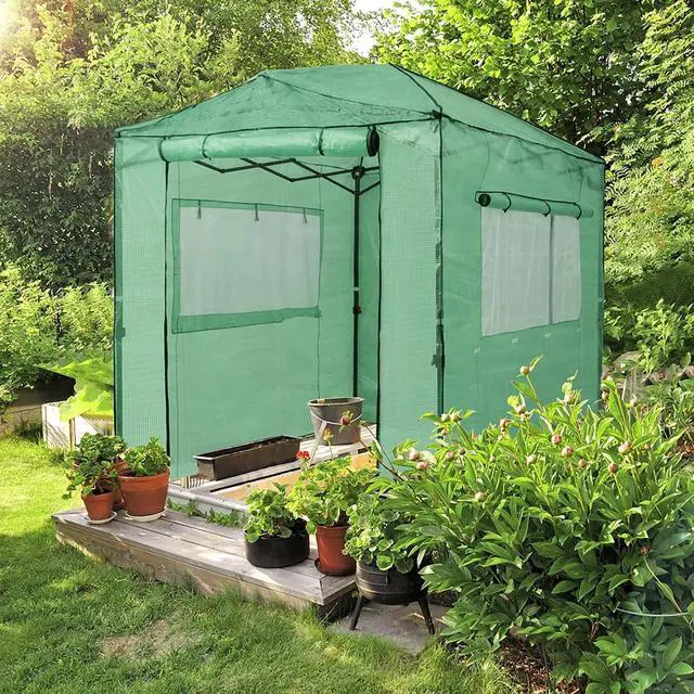 Alt view image 5 of 7 - Replacement Cover for 8x6 Portable Walk-in Pop up Greenhouse, Front and Rear Roll-Up Zipper Entry Doors and 2 Large Roll-Up Side Windows (Frame Not Included), Green