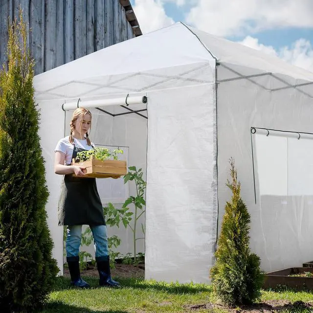 Alt view image 5 of 7 - 10x10 Portable Walk in Greenhouse, Pop Up Indoor Outdoor Greenhouse, Green House Kit with Zippered Roll-Up Doors and Windows, PE Cover, Clear/White