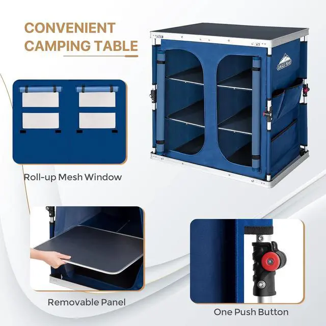 Alt view image 4 of 7 - Double Folding Camping Table with Storage Organizer and Side Pockets, Portable Outdoor Portable Camping Table for BBQ, Picnic and Tailgating, Carry Bag Included, Blue