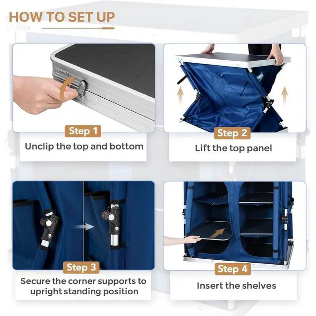 Alt view image 6 of 7 - Double Folding Camping Table with Storage Organizer and Side Pockets, Portable Outdoor Portable Camping Table for BBQ, Picnic and Tailgating, Carry Bag Included, Blue