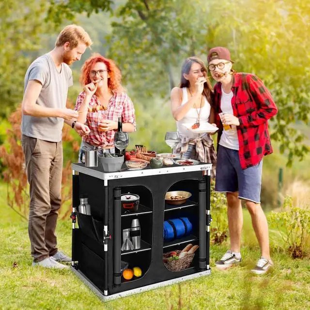 Alt view image 2 of 7 - Double Folding Camping Table with Storage Organizer and Side Pockets, Portable Outdoor Portable Camping Table for BBQ, Picnic and Tailgating, Carry Bag Included, Black