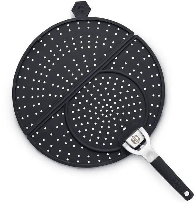 Main image of Grease Splatter Screen for Frying and Searing, Fits 10 and 12-inch Pans, Dishwasher-Safe, Folding Design, Heat-Safe to 480°F, Stay-Cool Locking Handle, Silicone and Stainless Steel