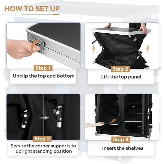 Alt view image 6 of 7 - Double Folding Camping Table with Storage Organizer and Side Pockets, Portable Outdoor Portable Camping Table for BBQ, Picnic and Tailgating, Carry Bag Included, Black