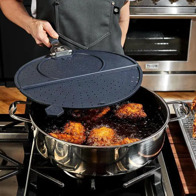 Alt view image 6 of 6 - Grease Splatter Screen for Frying and Searing, Fits 10 and 12-inch Pans, Dishwasher-Safe, Folding Design, Heat-Safe to 480°F, Stay-Cool Locking Handle, Silicone and Stainless Steel