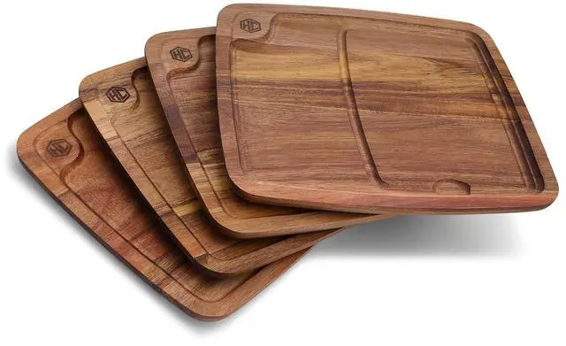 Main image of HexClad 4-Piece Bistecca Wooden Steak Plate Set with Juice Channel for Meats, Stackable Design with Straight Edges and Completely Flat Base, Easy to Clean, Lightweight and Durable