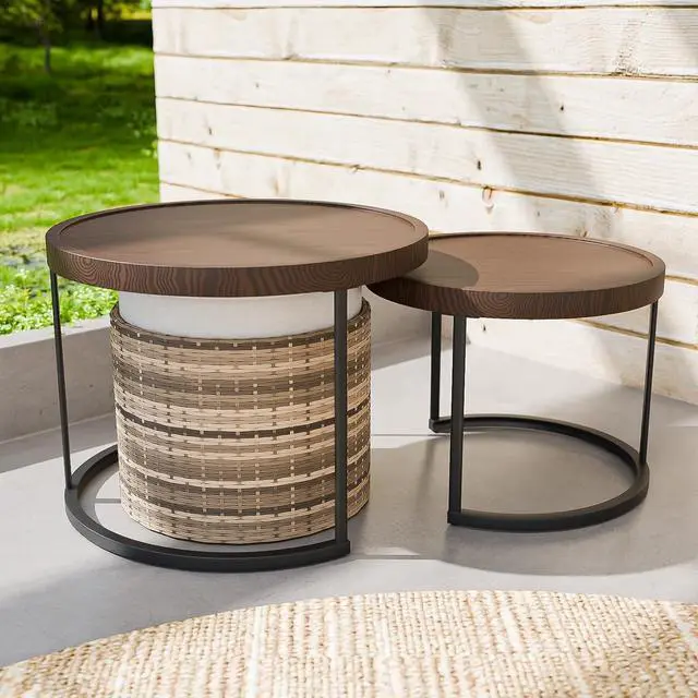 Main image of Sunset Dune Collection Round Modern Nesting Coffee Tables, Wood Grain Top Stacking Accent Tables, Matching Ottoman, Indoor Outdoor, Set of 3, Brown