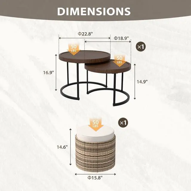 Alt view image 2 of 7 - Sunset Dune Collection Round Modern Nesting Coffee Tables, Wood Grain Top Stacking Accent Tables, Matching Ottoman, Indoor Outdoor, Set of 3, Brown