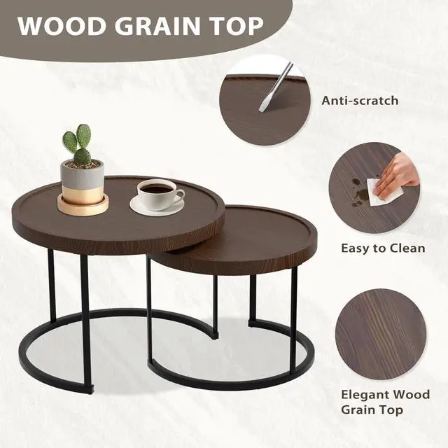 Alt view image 3 of 7 - Sunset Dune Collection Round Modern Nesting Coffee Tables, Wood Grain Top Stacking Accent Tables, Matching Ottoman, Indoor Outdoor, Set of 3, Brown