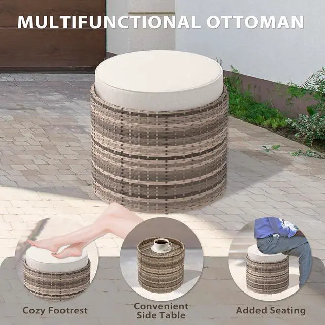 Alt view image 4 of 7 - Sunset Dune Collection Round Modern Nesting Coffee Tables, Wood Grain Top Stacking Accent Tables, Matching Ottoman, Indoor Outdoor, Set of 3, Brown