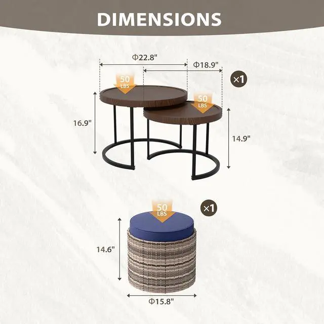 Alt view image 2 of 7 - Sunset Dune Collection Round Modern Nesting Coffee Tables, Wood Grain Top Stacking Accent Tables, Matching Ottoman, Indoor Outdoor, Set of 3, Blue
