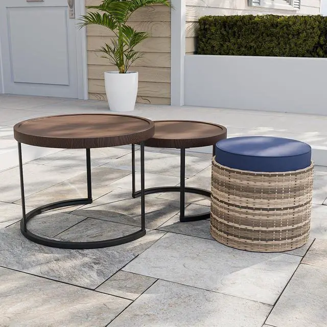 Main image of Sunset Dune Collection Round Modern Nesting Coffee Tables, Wood Grain Top Stacking Accent Tables, Matching Ottoman, Indoor Outdoor, Set of 3, Blue