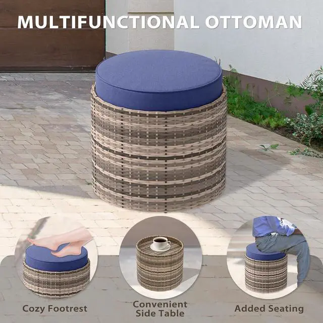 Alt view image 4 of 7 - Sunset Dune Collection Round Modern Nesting Coffee Tables, Wood Grain Top Stacking Accent Tables, Matching Ottoman, Indoor Outdoor, Set of 3, Blue