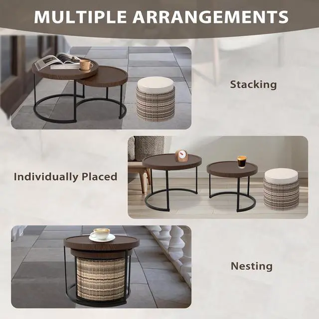 Alt view image 7 of 7 - Sunset Dune Collection Round Modern Nesting Coffee Tables, Wood Grain Top Stacking Accent Tables, Matching Ottoman, Indoor Outdoor, Set of 3, Brown
